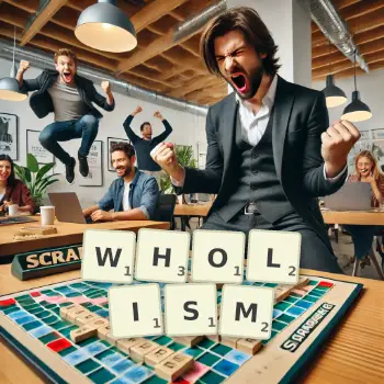 Creative illustration for a Scrabble game with the word WHOLISM spelled out in tiles on the board.