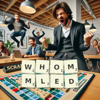 Creative illustration for a Scrabble game with the word WHOMMLED spelled out in tiles on the board.