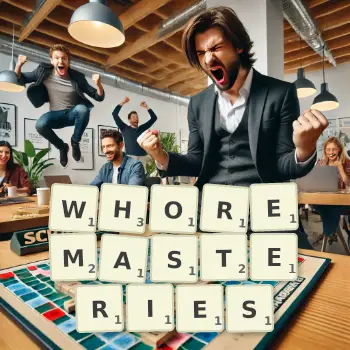 Creative illustration for a Scrabble game with the word WHOREMASTERIES spelled out in tiles on the board.