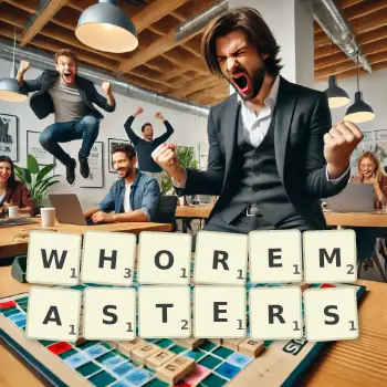 Creative illustration for a Scrabble game with the word WHOREMASTERS spelled out in tiles on the board.
