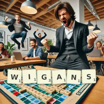 Creative illustration for a Scrabble game with the word WIGANS spelled out in tiles on the board.