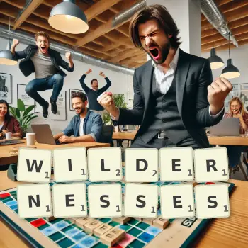 Creative illustration for a Scrabble game with the word WILDERNESSES spelled out in tiles on the board.