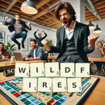 Creative illustration for a Scrabble game with the word WILDFIRES spelled out in tiles on the board.