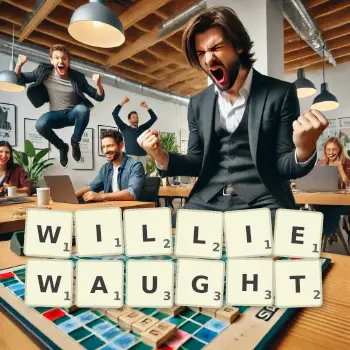 Creative illustration for a Scrabble game with the word WILLIEWAUGHT spelled out in tiles on the board.