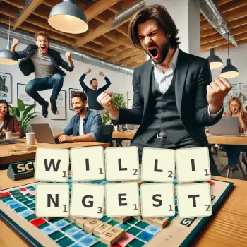 Creative illustration for a Scrabble game with the word WILLINGEST spelled out in tiles on the board.