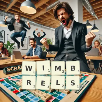 Creative illustration for a Scrabble game with the word WIMBRELS spelled out in tiles on the board.