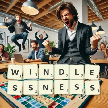 Creative illustration for a Scrabble game with the word WINDLESSNESS spelled out in tiles on the board.