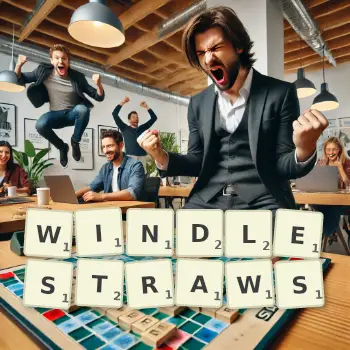 Creative illustration for a Scrabble game with the word WINDLESTRAWS spelled out in tiles on the board.