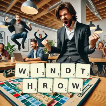 Creative illustration for a Scrabble game with the word WINDTHROW spelled out in tiles on the board.