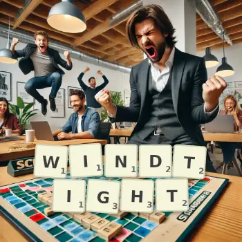 Creative illustration for a Scrabble game with the word WINDTIGHT spelled out in tiles on the board.