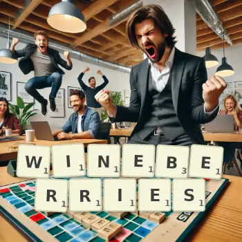 Creative illustration for a Scrabble game with the word WINEBERRIES spelled out in tiles on the board.