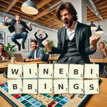 Creative illustration for a Scrabble game with the word WINEBIBBINGS spelled out in tiles on the board.
