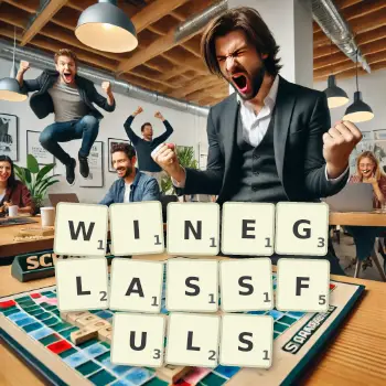 Creative illustration for a Scrabble game with the word WINEGLASSFULS spelled out in tiles on the board.