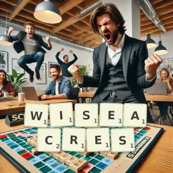 Creative illustration for a Scrabble game with the word WISEACRES spelled out in tiles on the board.