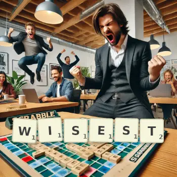Creative illustration for a Scrabble game with the word WISEST spelled out in tiles on the board.