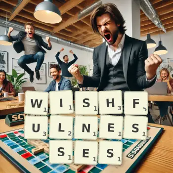 Creative illustration for a Scrabble game with the word WISHFULNESSES spelled out in tiles on the board.