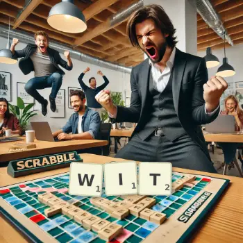 Creative illustration for a Scrabble game with the word WIT spelled out in tiles on the board.