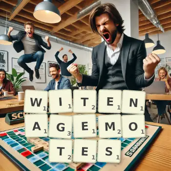 Creative illustration for a Scrabble game with the word WITENAGEMOTES spelled out in tiles on the board.