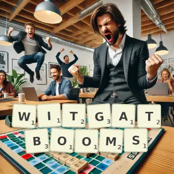 Creative illustration for a Scrabble game with the word WITGATBOOMS spelled out in tiles on the board.