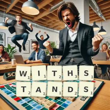 Creative illustration for a Scrabble game with the word WITHSTANDS spelled out in tiles on the board.