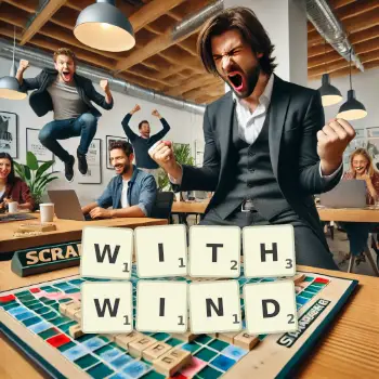 Creative illustration for a Scrabble game with the word WITHWIND spelled out in tiles on the board.