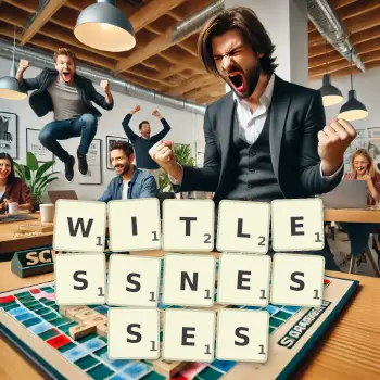 Creative illustration for a Scrabble game with the word WITLESSNESSES spelled out in tiles on the board.