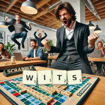 Creative illustration for a Scrabble game with the word WITS spelled out in tiles on the board.