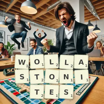 Creative illustration for a Scrabble game with the word WOLLASTONITES spelled out in tiles on the board.