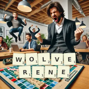 Creative illustration for a Scrabble game with the word WOLVERENE spelled out in tiles on the board.