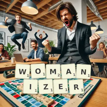 Creative illustration for a Scrabble game with the word WOMANIZER spelled out in tiles on the board.