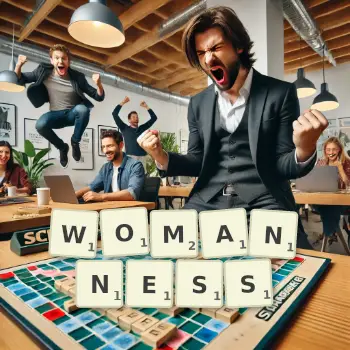 Creative illustration for a Scrabble game with the word WOMANNESS spelled out in tiles on the board.