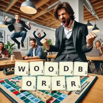 Creative illustration for a Scrabble game with the word WOODBORER spelled out in tiles on the board.
