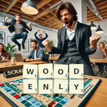 Creative illustration for a Scrabble game with the word WOODENLY spelled out in tiles on the board.