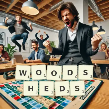 Creative illustration for a Scrabble game with the word WOODSHEDS spelled out in tiles on the board.