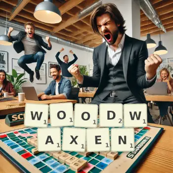 Creative illustration for a Scrabble game with the word WOODWAXEN spelled out in tiles on the board.
