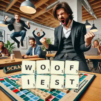 Creative illustration for a Scrabble game with the word WOOFIEST spelled out in tiles on the board.