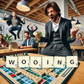 Creative illustration for a Scrabble game with the word WOOING spelled out in tiles on the board.