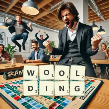 Creative illustration for a Scrabble game with the word WOOLDING spelled out in tiles on the board.