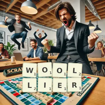 Creative illustration for a Scrabble game with the word WOOLLIER spelled out in tiles on the board.