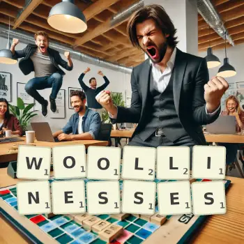 Creative illustration for a Scrabble game with the word WOOLLINESSES spelled out in tiles on the board.
