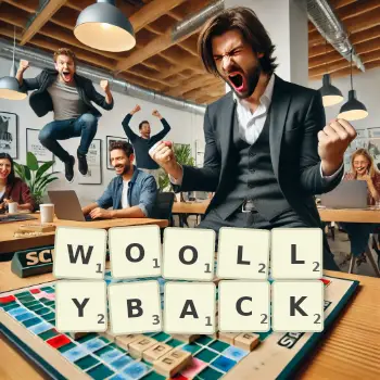 Creative illustration for a Scrabble game with the word WOOLLYBACK spelled out in tiles on the board.