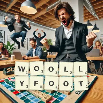 Creative illustration for a Scrabble game with the word WOOLLYFOOT spelled out in tiles on the board.