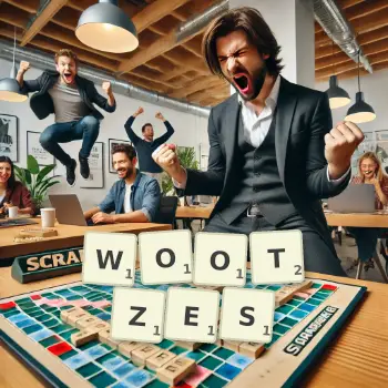 Creative illustration for a Scrabble game with the word WOOTZES spelled out in tiles on the board.