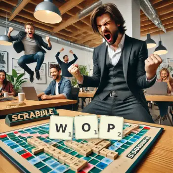 Creative illustration for a Scrabble game with the word WOP spelled out in tiles on the board.
