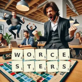 Creative illustration for a Scrabble game with the word WORCESTERS spelled out in tiles on the board.