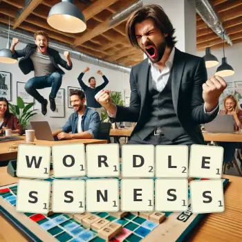 Creative illustration for a Scrabble game with the word WORDLESSNESS spelled out in tiles on the board.