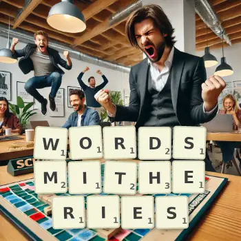 Creative illustration for a Scrabble game with the word WORDSMITHERIES spelled out in tiles on the board.
