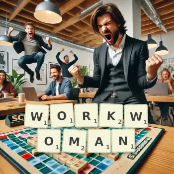 Creative illustration for a Scrabble game with the word WORKWOMAN spelled out in tiles on the board.