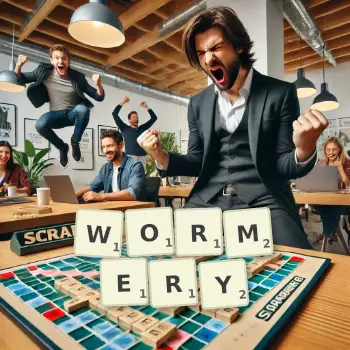 Creative illustration for a Scrabble game with the word WORMERY spelled out in tiles on the board.