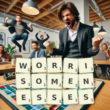 Creative illustration for a Scrabble game with the word WORRISOMENESSES spelled out in tiles on the board.